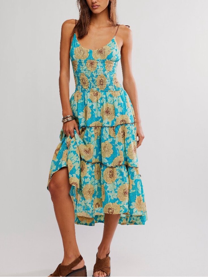 Free People Adriel Tie Strap Tiered Midi Dress Nwt Size L